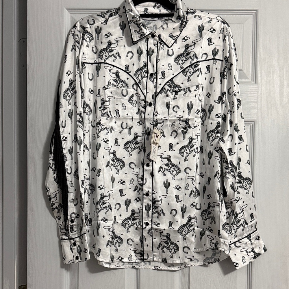 Western Print Long-Sleeve Shirt with Fringe On Sleeves and Back